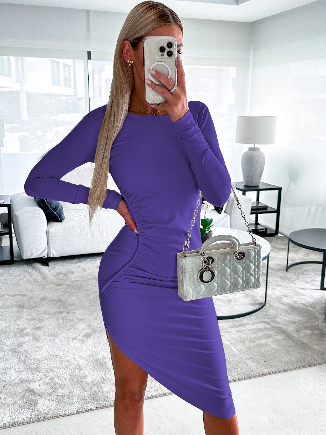 Women fitted long-sleeve dress with asymmetric cut and gathers Ivyshape