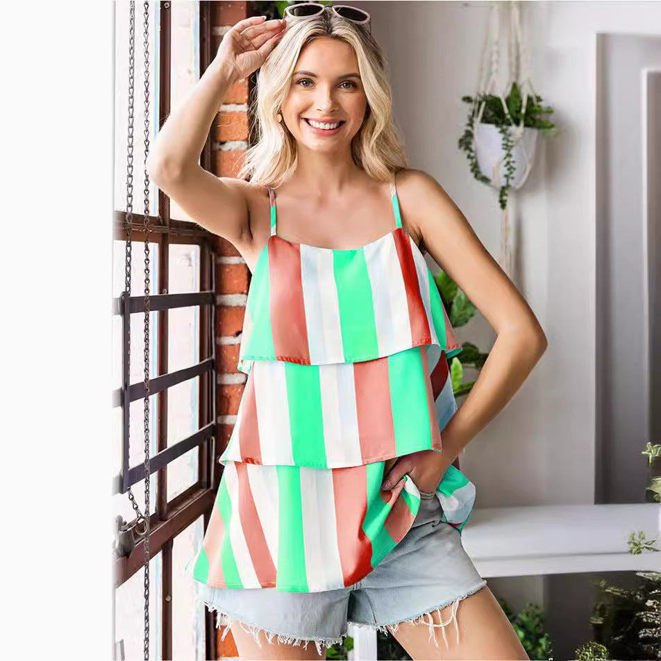 Women airy striped top with layered design Ivyshape