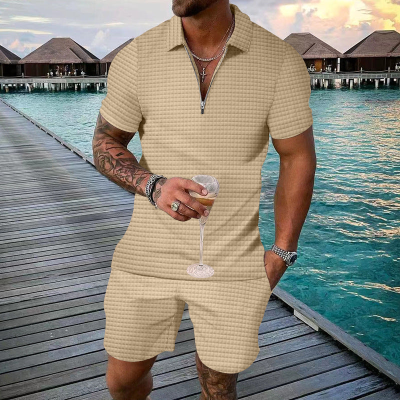 Men's fashionable short sleeve set with narrow collar and practical zipper Ivyshape