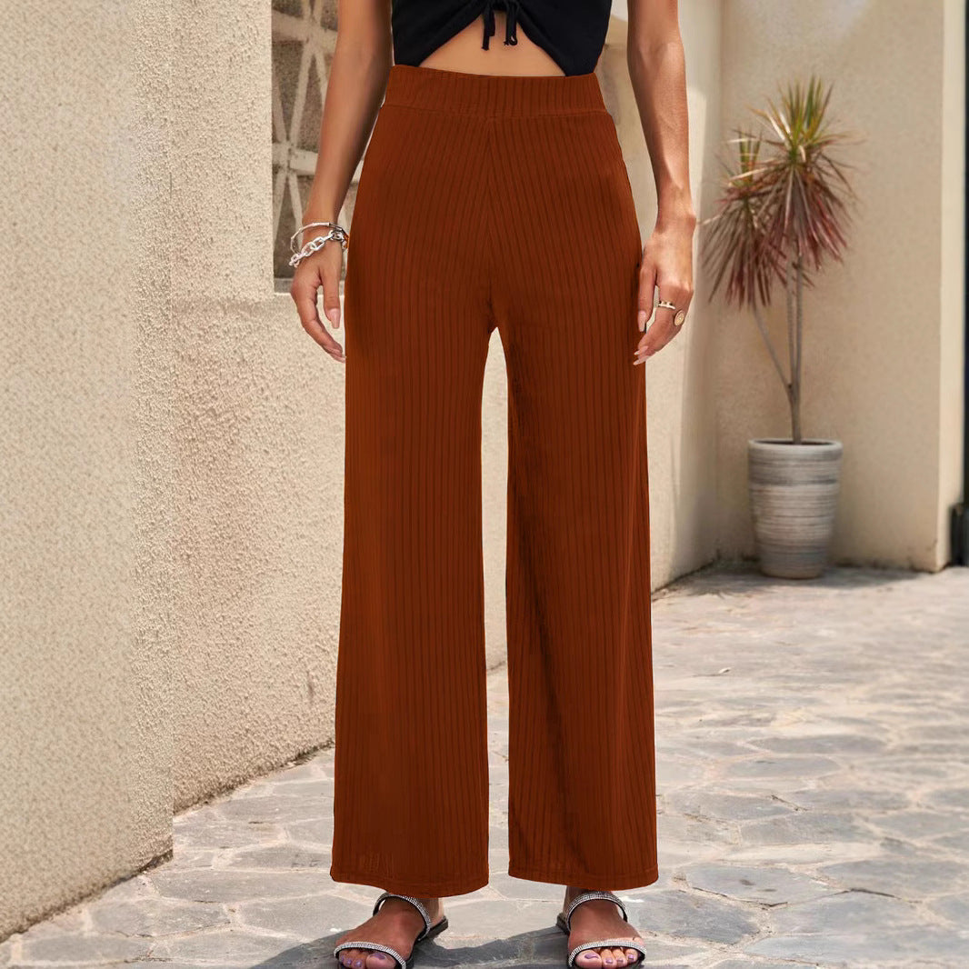 Ladies wide, striped pleated trousers with high waistband and elastic waistband Ivyshape