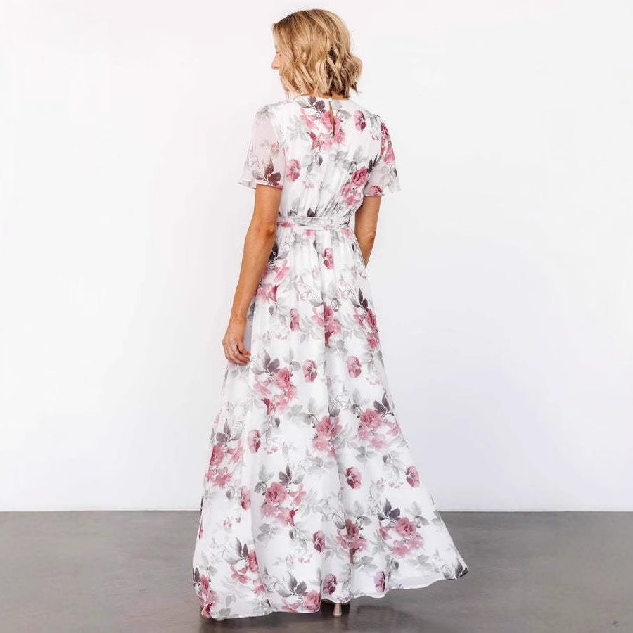 Women's floral maxi dress with deep slit and waistbelt Ivyshape