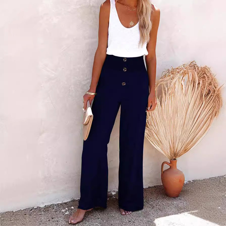 Ladies Wide High Waist Pants with Decorative Buttons Ivyshape