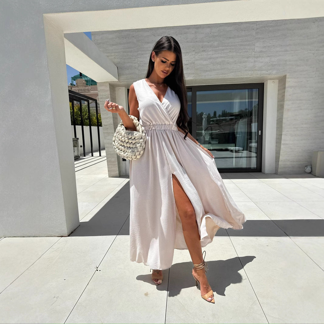 IvyShape | Sleeveless Solid Color Elastic Waist Sexy Slit Maxi Dress