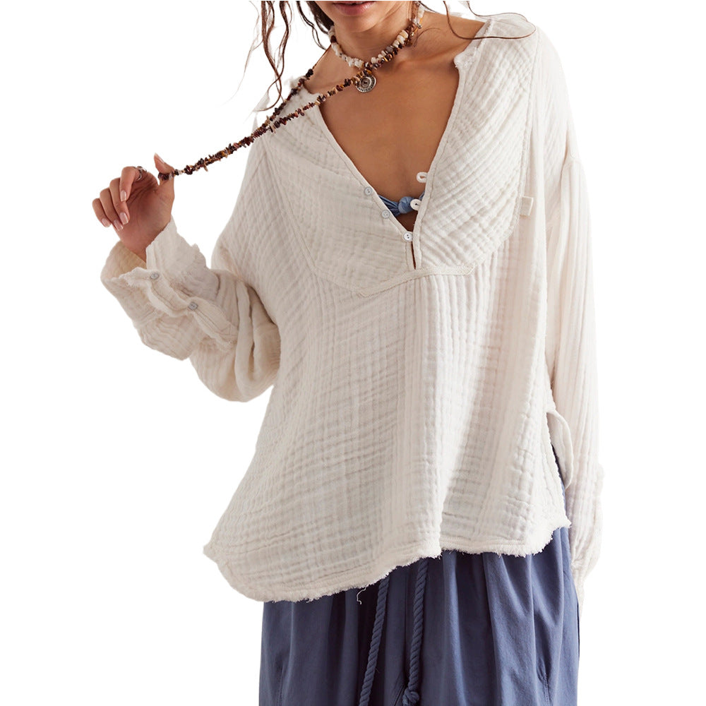 IvyShape | V-Neck Split Cotton Wrinkled Loose Long Sleeve Shirt