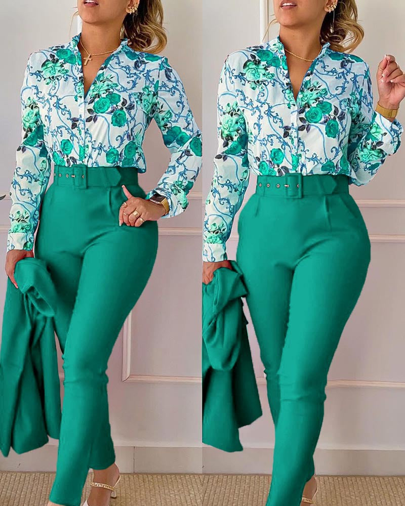 Ivyshape | Printed Shirt And Pants Set