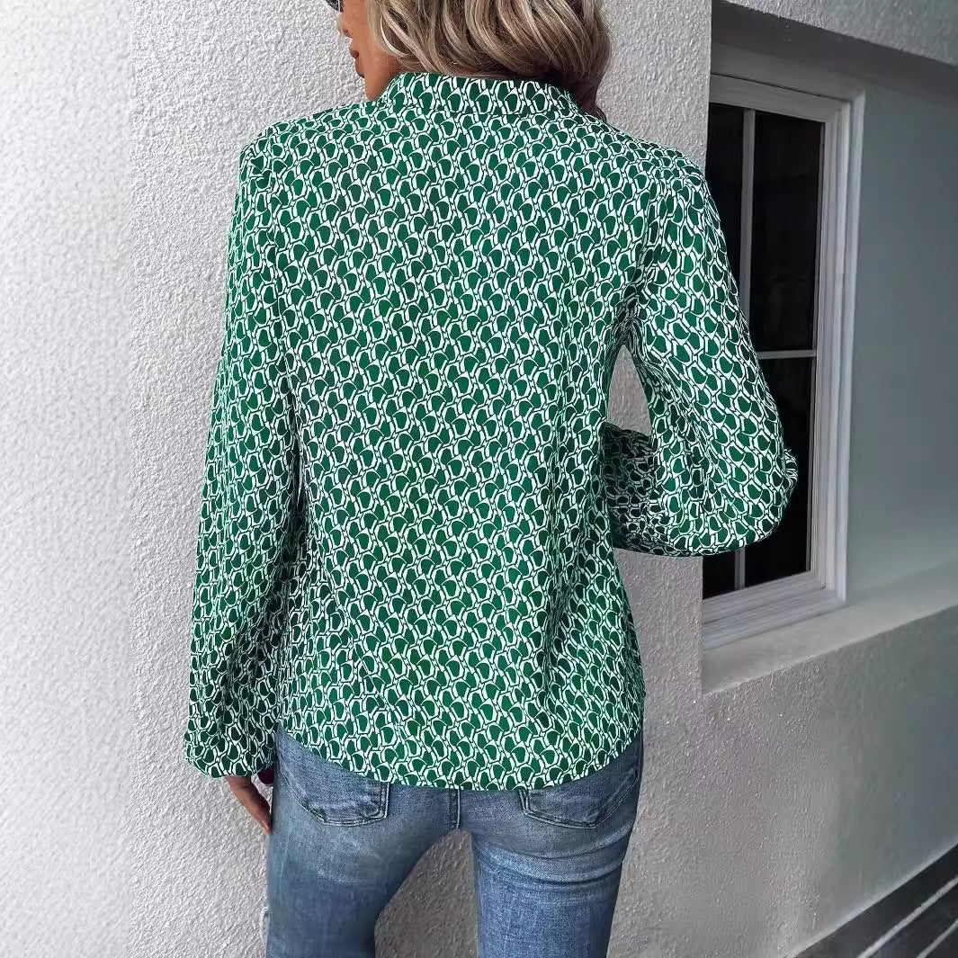 Women's blouse with modern geometric pattern and elegant collar area Ivyshape
