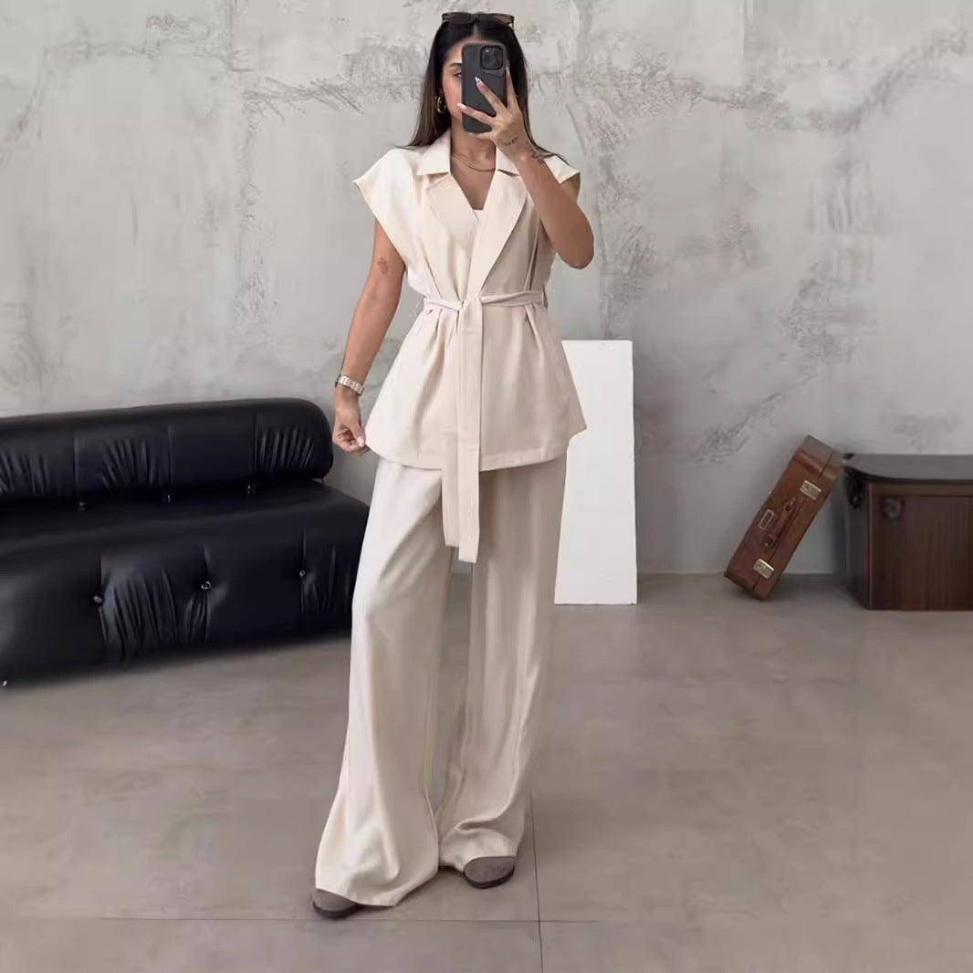 Women's tailored wrap top and wide leg pants set Ivyshape