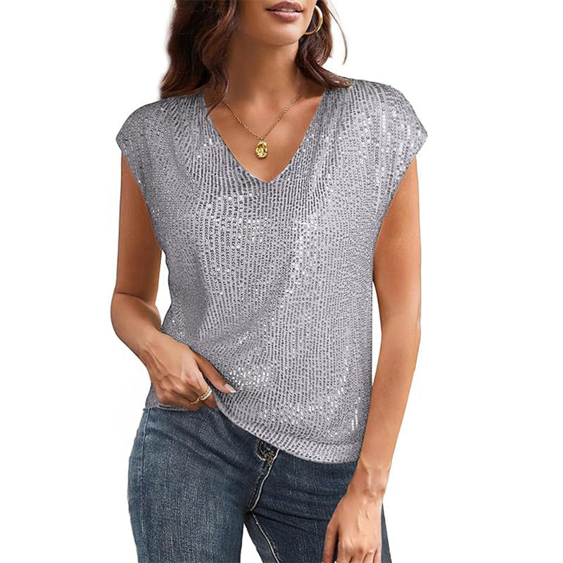 IvyShape | V-Neck Sequined Short Sleeve Shiny Party Vest