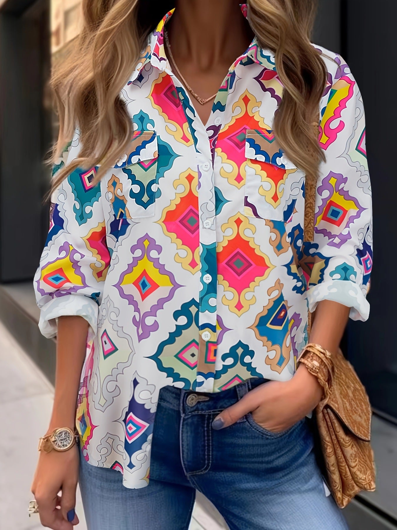 Women's patterned blouse with two chest pockets Ivyshape