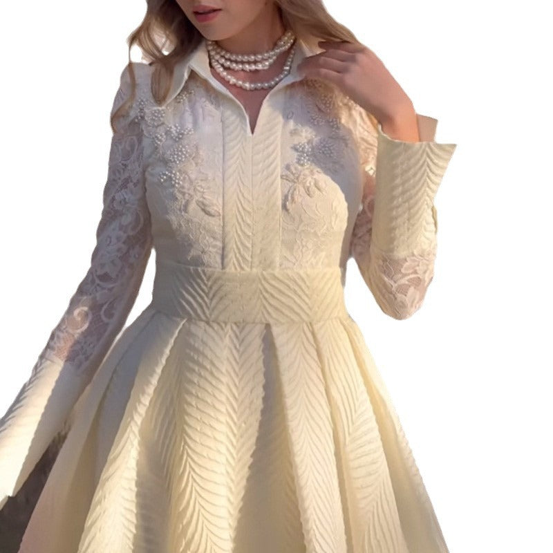 IvyShape | White Front Pearl Flower Lace French Vintage Long Sleeve Slim Fit Dress