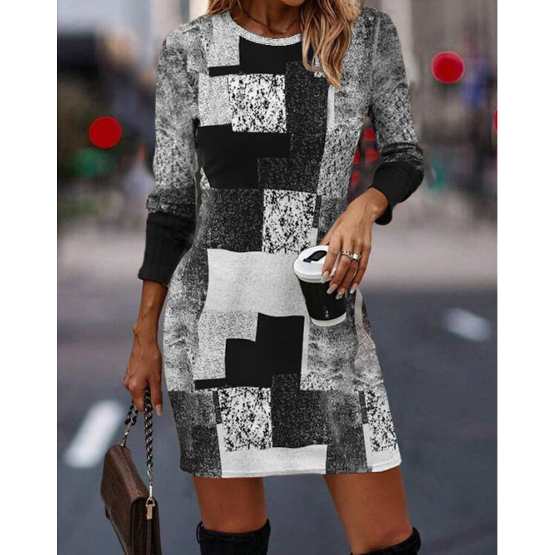 Women's knit dress with modern geometric pattern and long sleeves Ivyshape