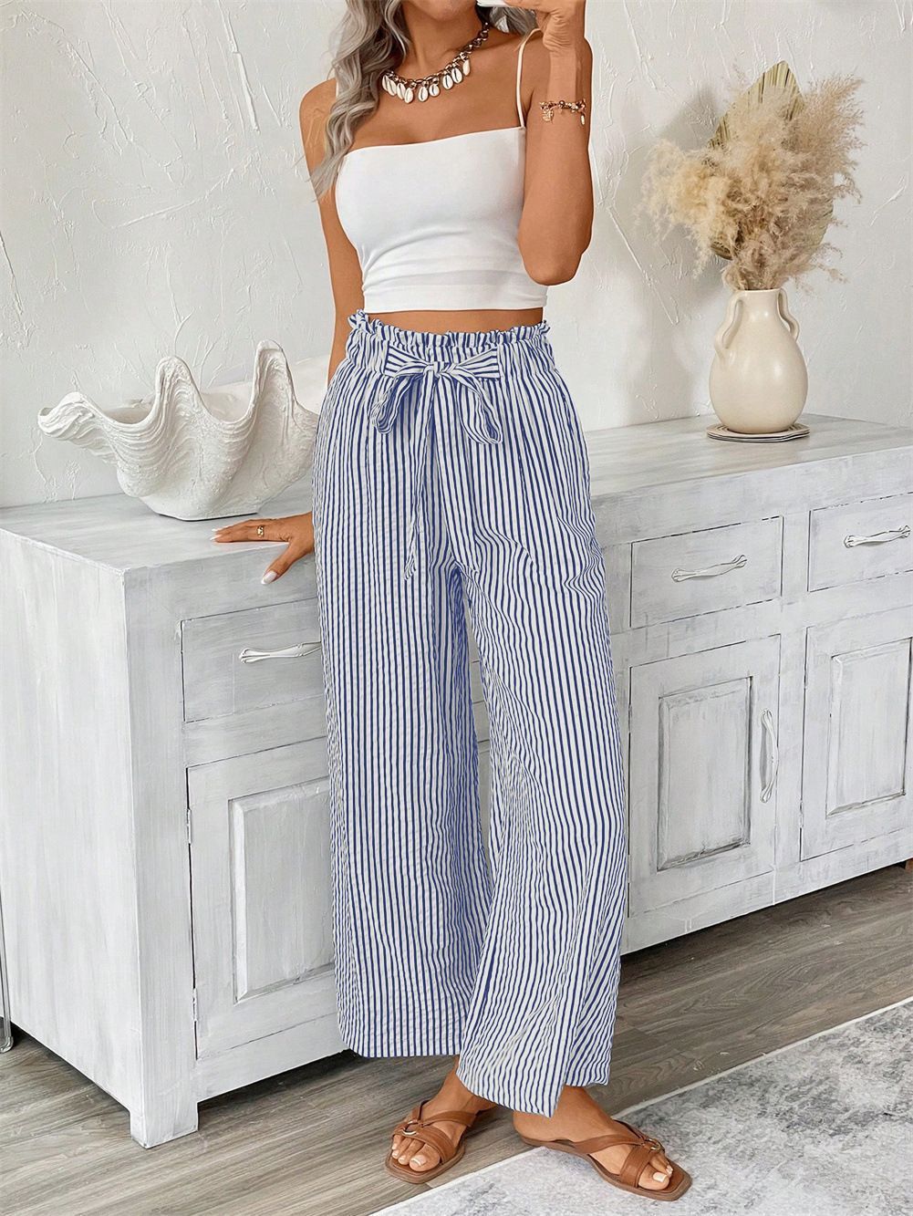Women's wide summer trousers with elastic waistband Ivyshape