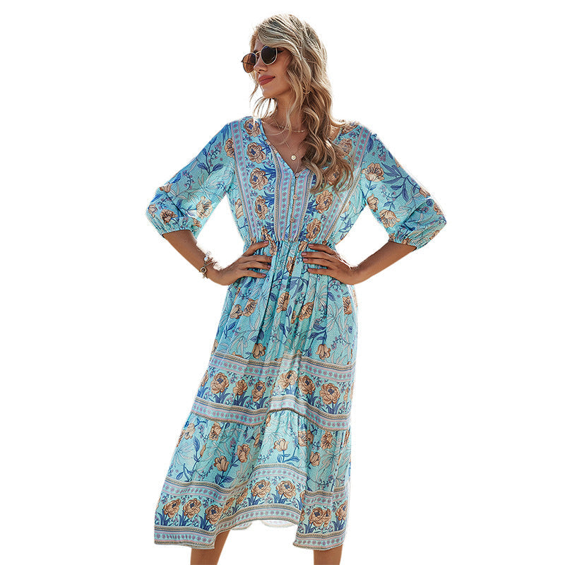 V-neck high-waisted bohemian dress mid-length a-line dress