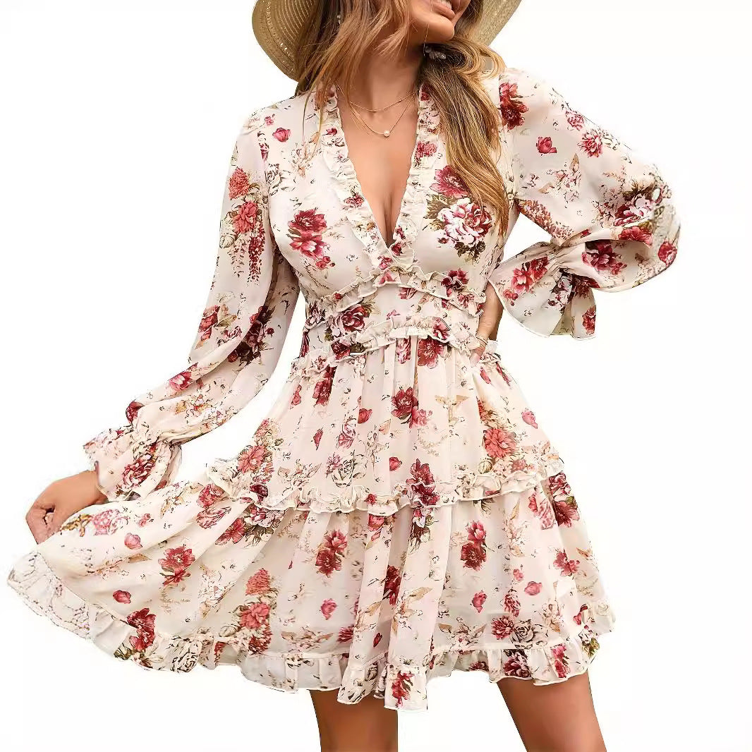 Women's short casual dress with ruffle details and floral design Ivyshape