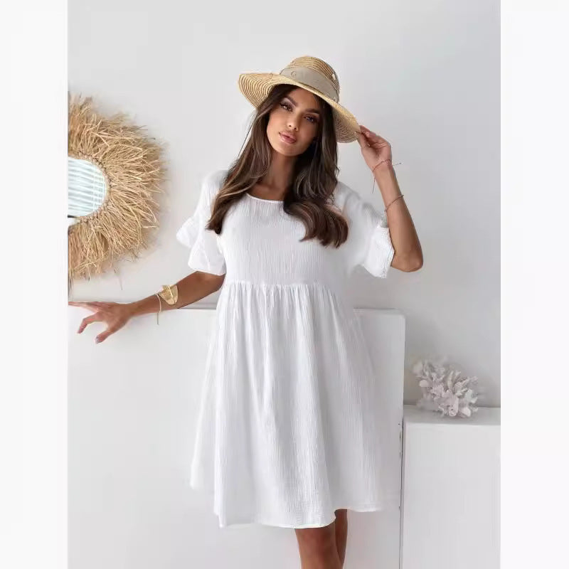 Women's casual summer dress with elastic waist drawstring and short sleeves Ivyshape