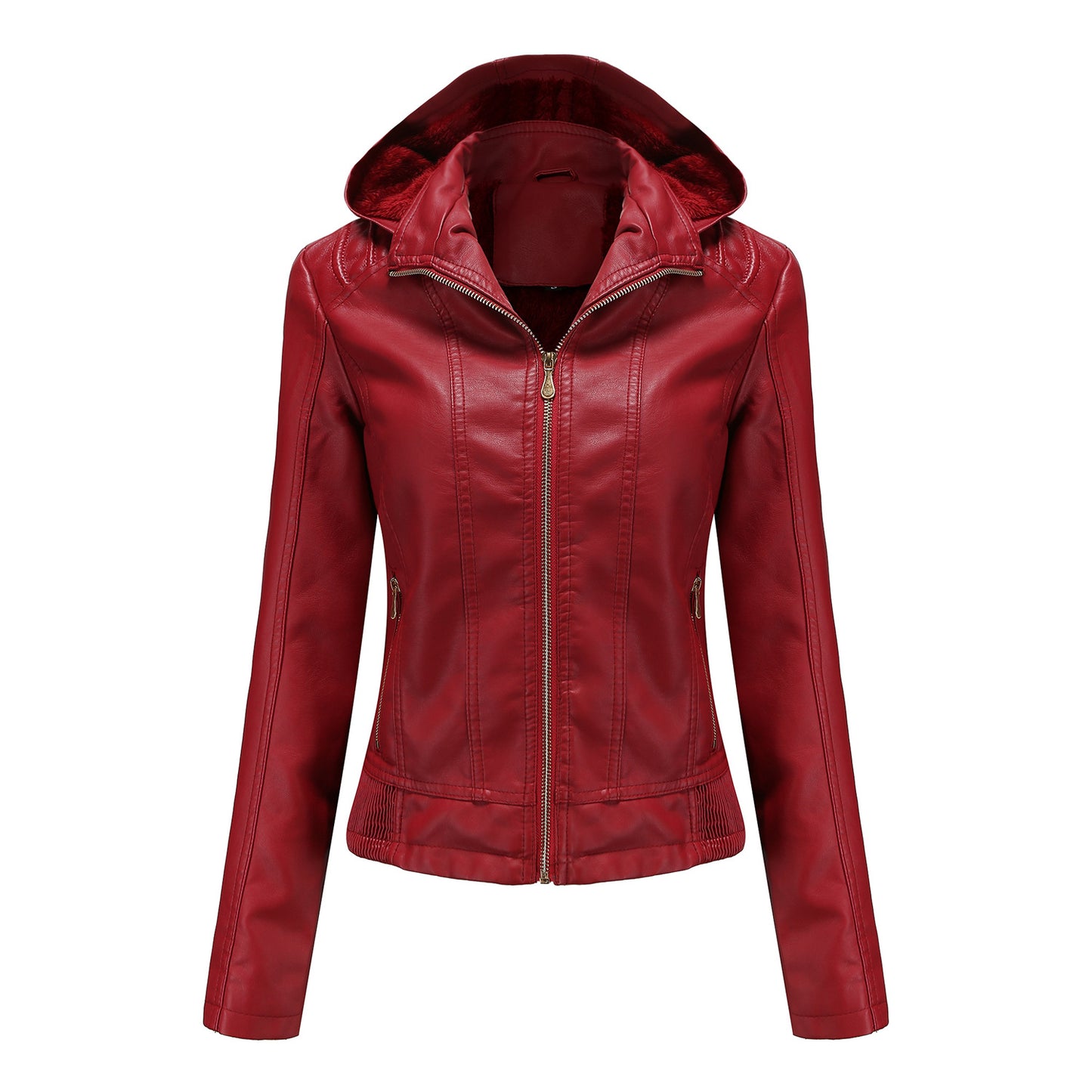 Ladies stylish faux leather jacket with high collar and elastic cuffs Ivyshape