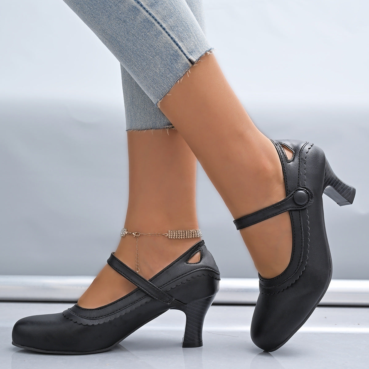 Ladies Elegant Mary Jane Heels with Decorative Straps and Anatomical Footbed Ivyshape