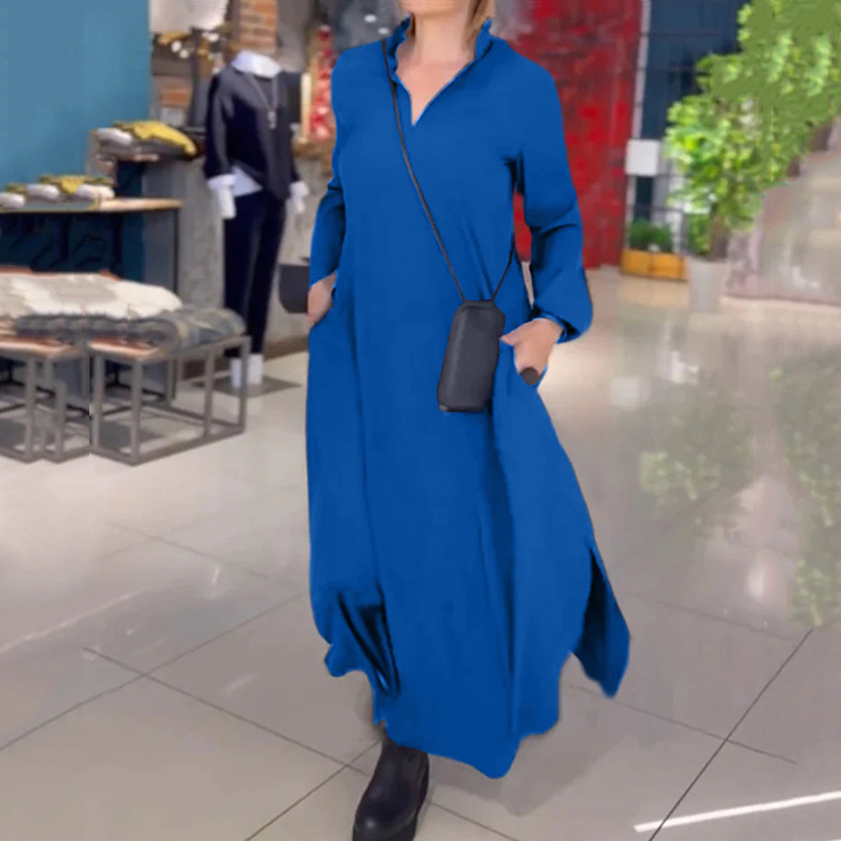 Women Long Sleeve Dress with Practical Insert Pockets and Elegant Stand-Up Collar Ivyshape