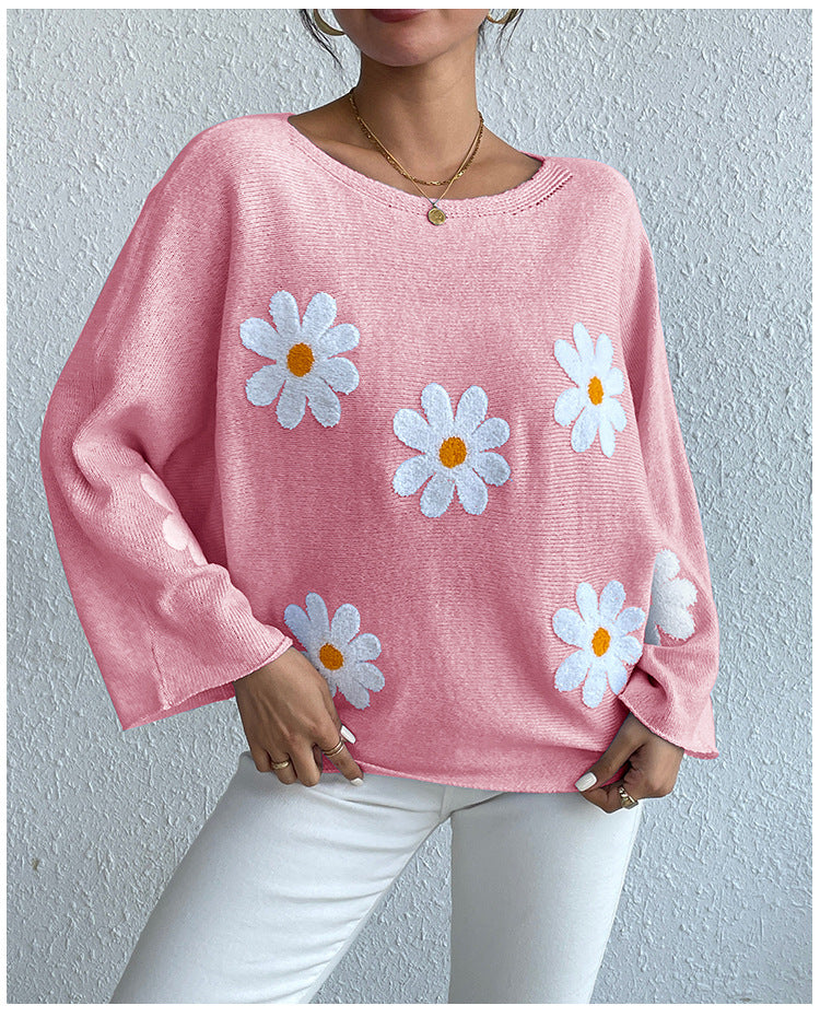 IvyShape | Floral Embroidery One-Shoulder Pullover Sweater