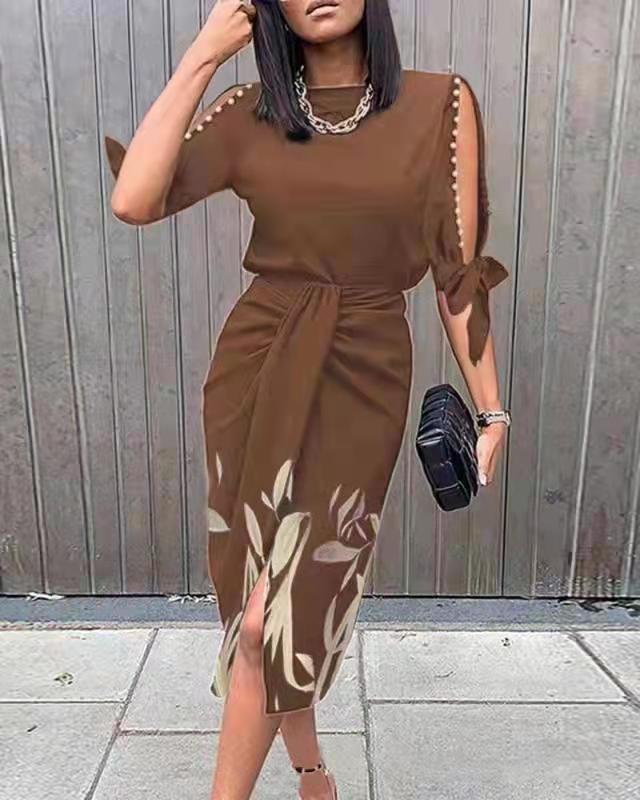 Elegant midi dress for women with stylish cut-out sleeves Ivyshape