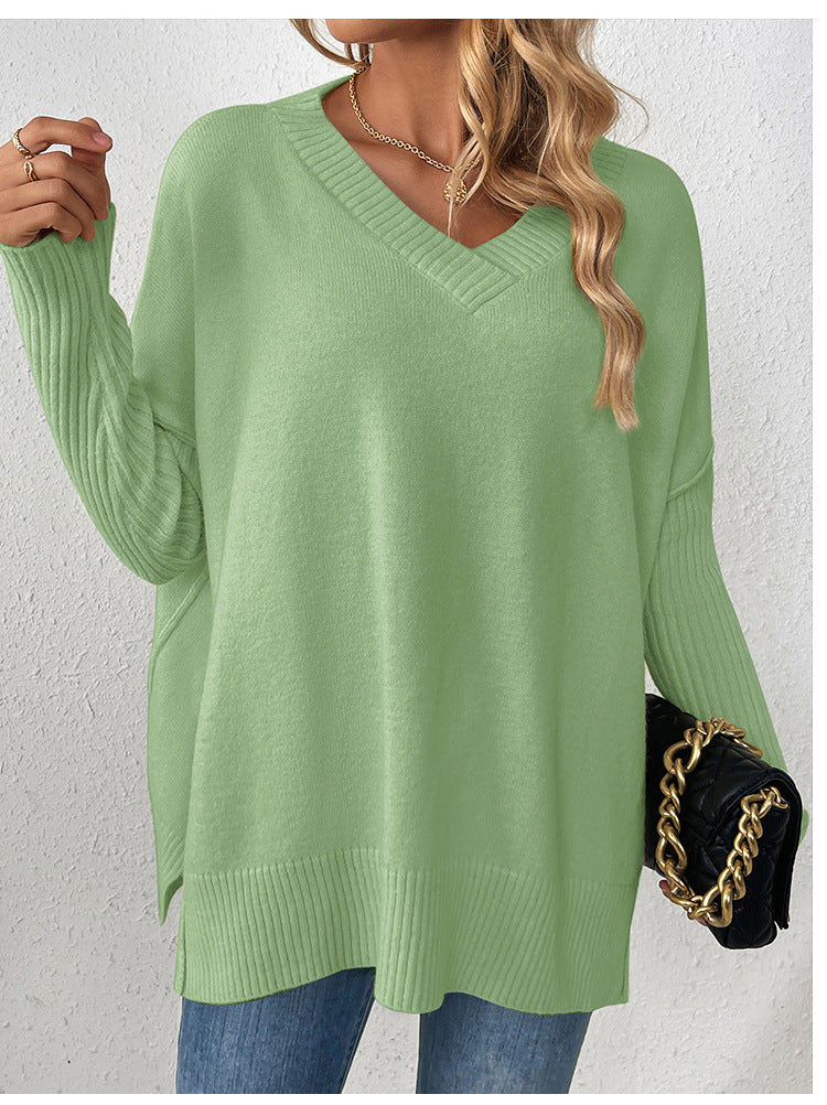 IvyShape | V-Neck Split Long Sleeve Knit Sweater