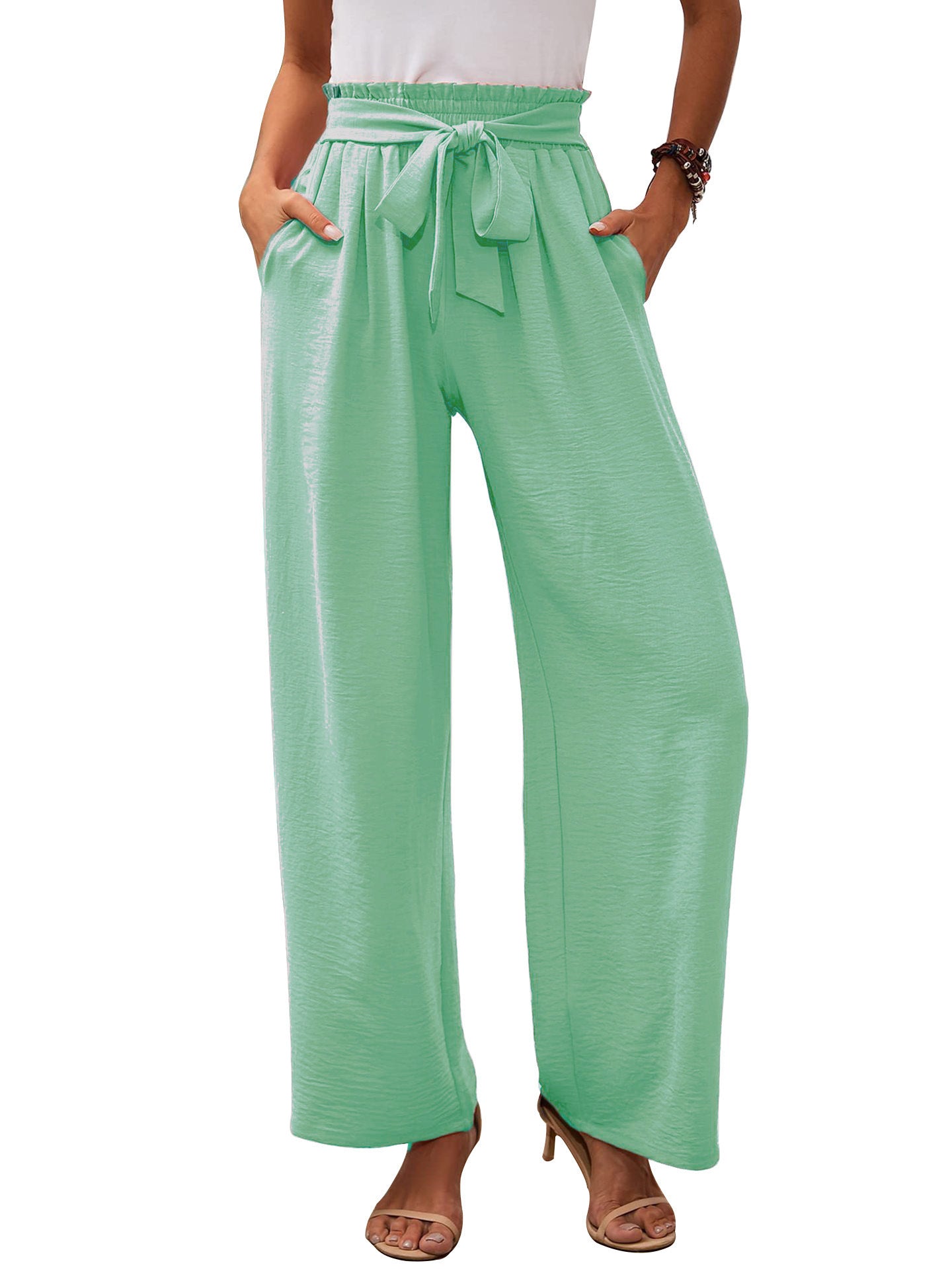 Women's Wide Fabric Trousers with Elastic Waistband and Belt Detail Ivyshape