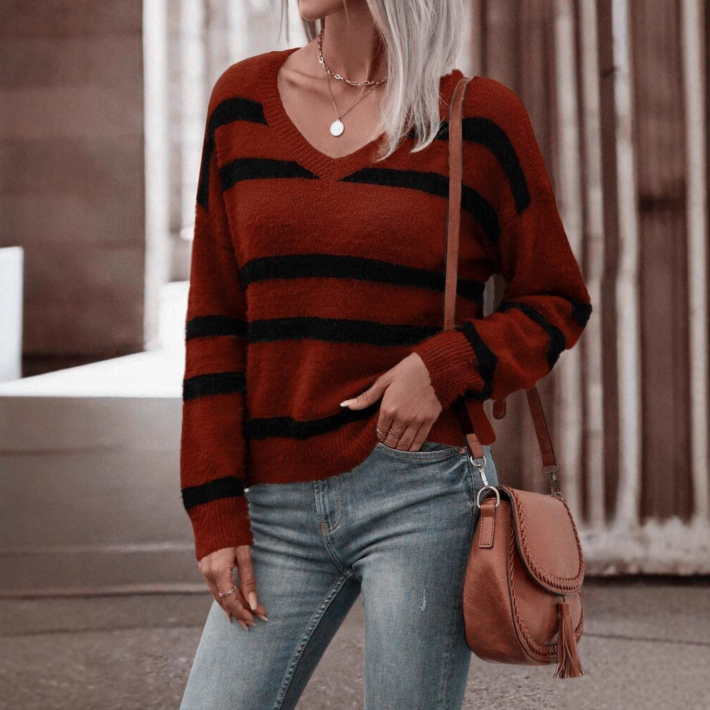 IvyShape | Lazy Striped V-Neck Knitwear