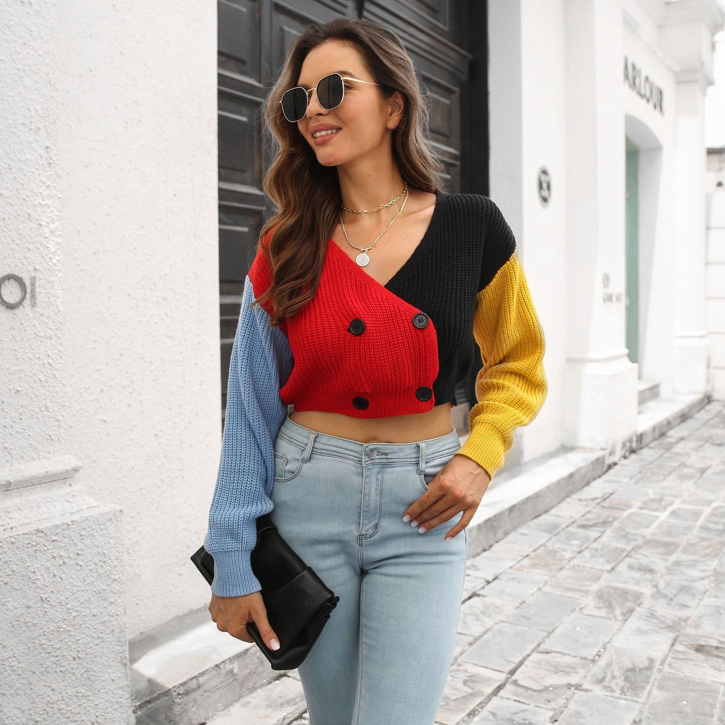 Ladies cropped cardigan with fashionable color block design Ivyshape