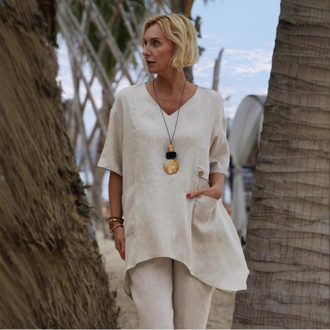 Women stylish oversized linen tunic top Ivyshape