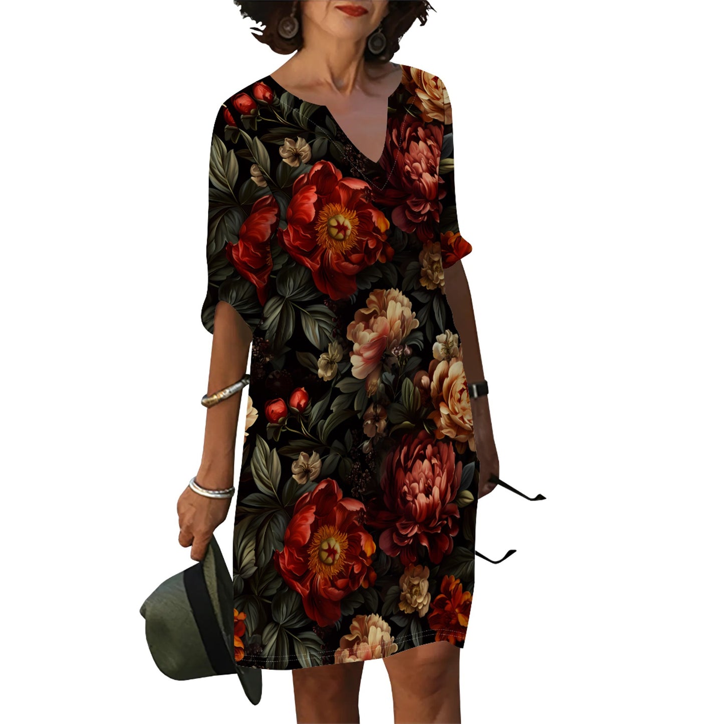 Ladies summer floral dress with V-neck and loose fit Ivyshape