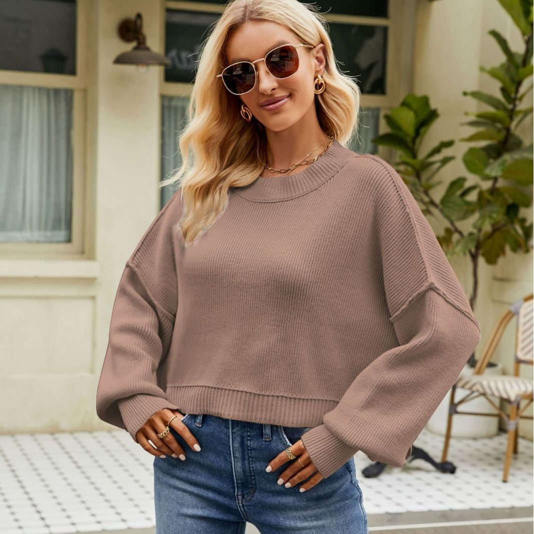 IvyShape | Stylish long-sleeve round neck knit top