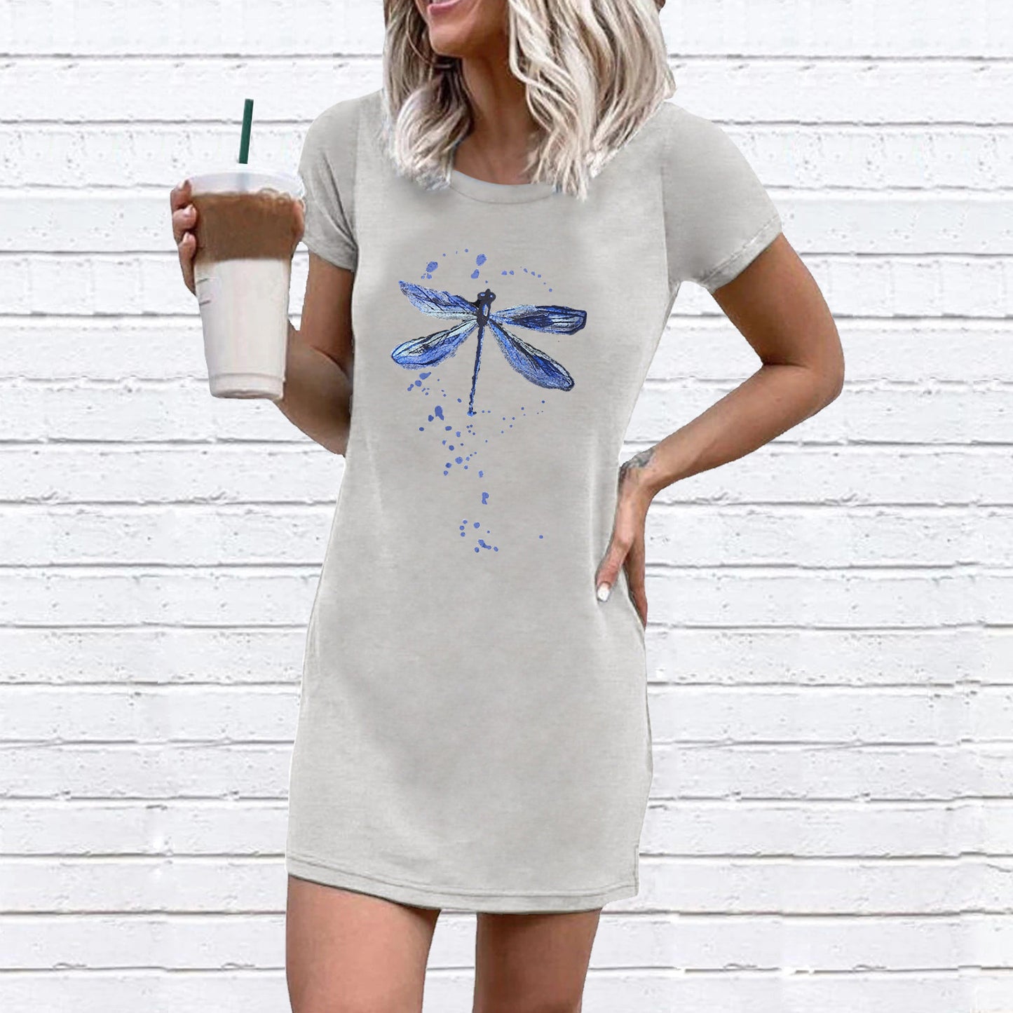 Women Short Sleeve Dress with Creative Dragonfly Motif and Loose Fit Ivyshape
