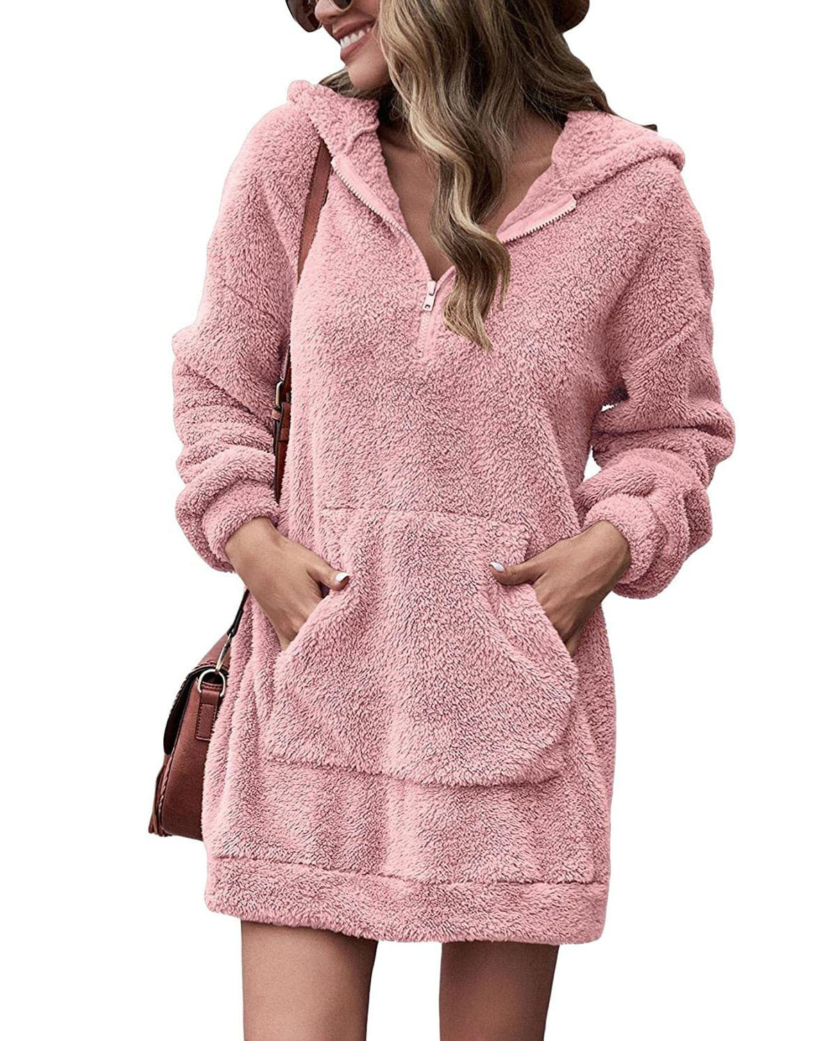 Women's fleece hooded dress with pockets and zipper Ivyshape