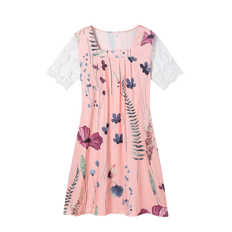 IvyShape | Casual Floral Short Sleeve Loose Mid Skirt Dress