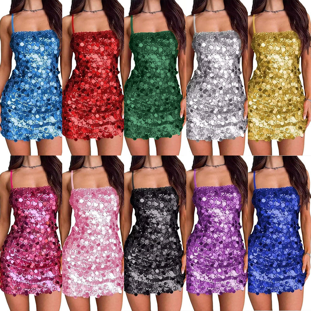 Women Glamorous Sequin Dress with Slim Straps and Figure-Hugging Cut Ivyshape