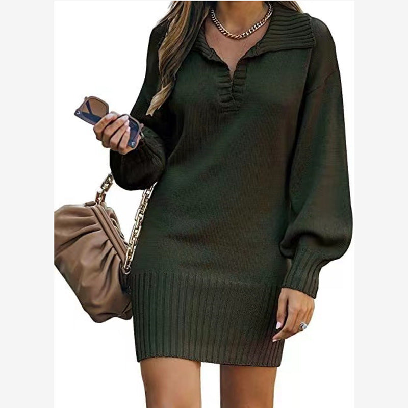 Women's knitted dress with playful V-neck and rolled edge Ivyshape