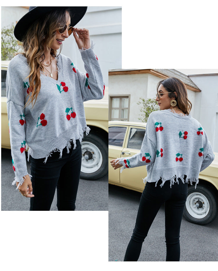 IvyShape | V-neck fringe sweater