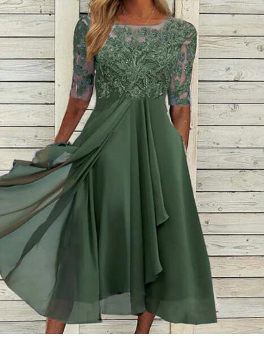 Women Elegant Midi Dress with Lace Sleeves and Swing Skirt Ivyshape