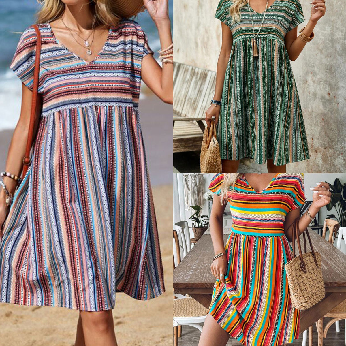Women Bohemian Striped Summer Dress Ivyshape