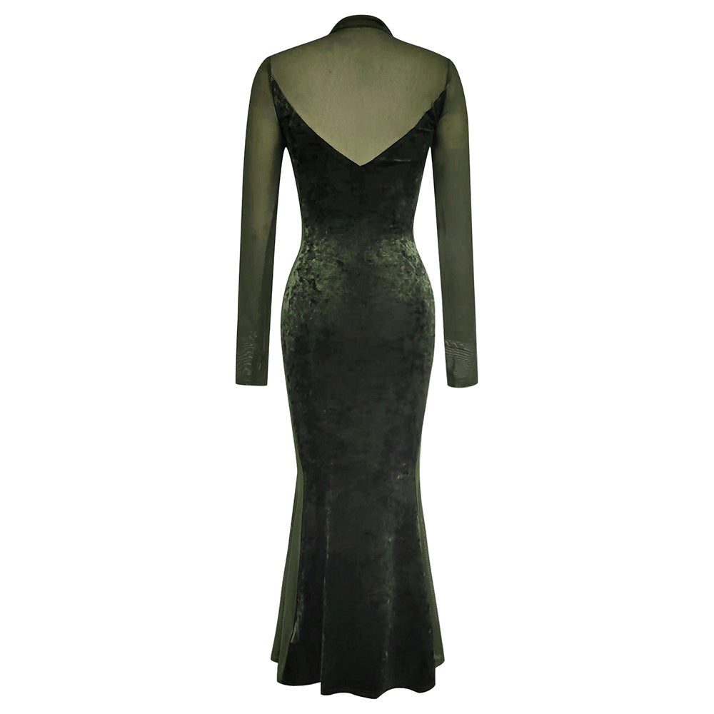 Women Elegant Velvet Maxi Dress with Sheer Sleeves and Chic V-Neck Ivyshape