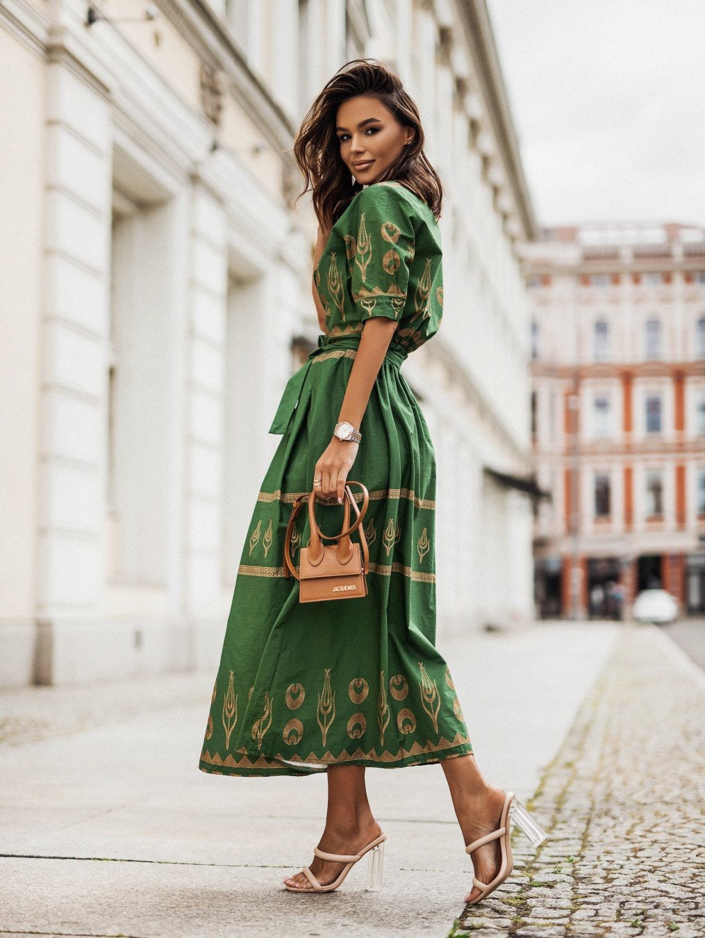 Women's shirt dress with elegant pattern and tailored belt Ivyshape