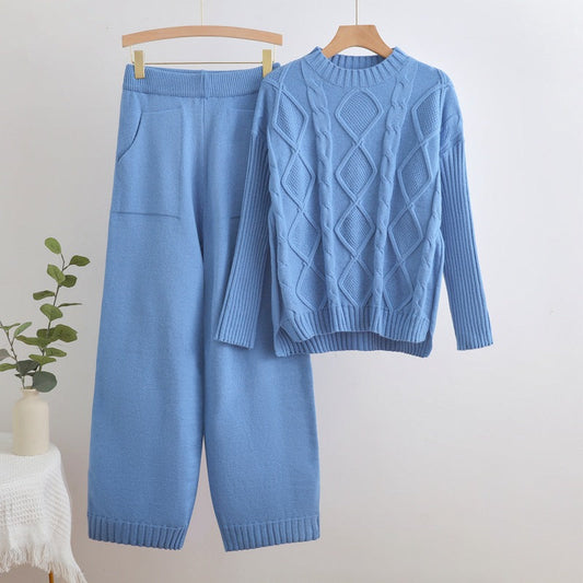 IvyShape | Twisted knit sweater and wide pants set