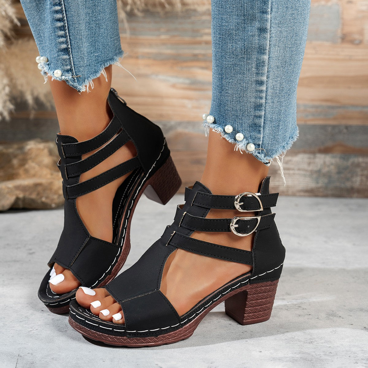 Women Open Shoes with Adjustable Straps and Block Heel Ivyshape