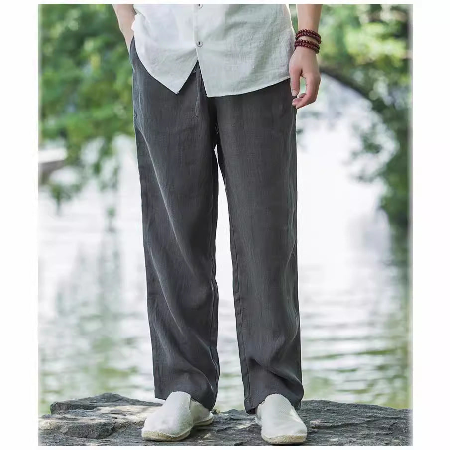 Men's casual linen pants with elastic waistband and practical side pockets Ivyshape
