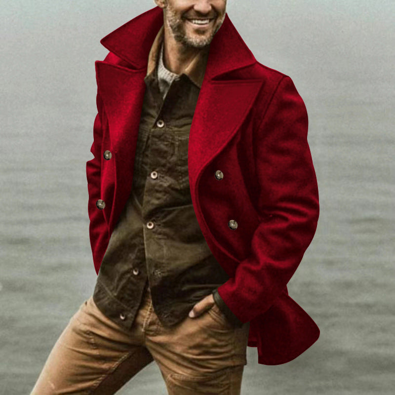 Men's elegant, classic wool coat with double-breasted closure and high collar Ivyshape