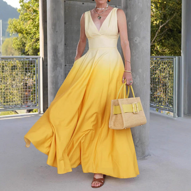 Women Elegant V-Neck Gradient Maxi Dress Ivyshape