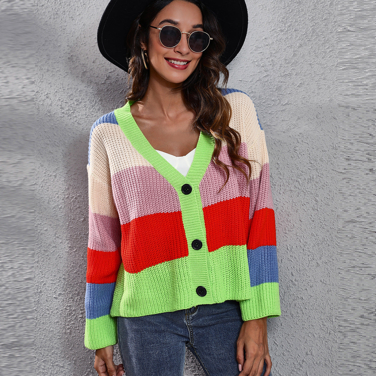 Women's chunky knit cardigan with button details and trendy color play Ivyshape