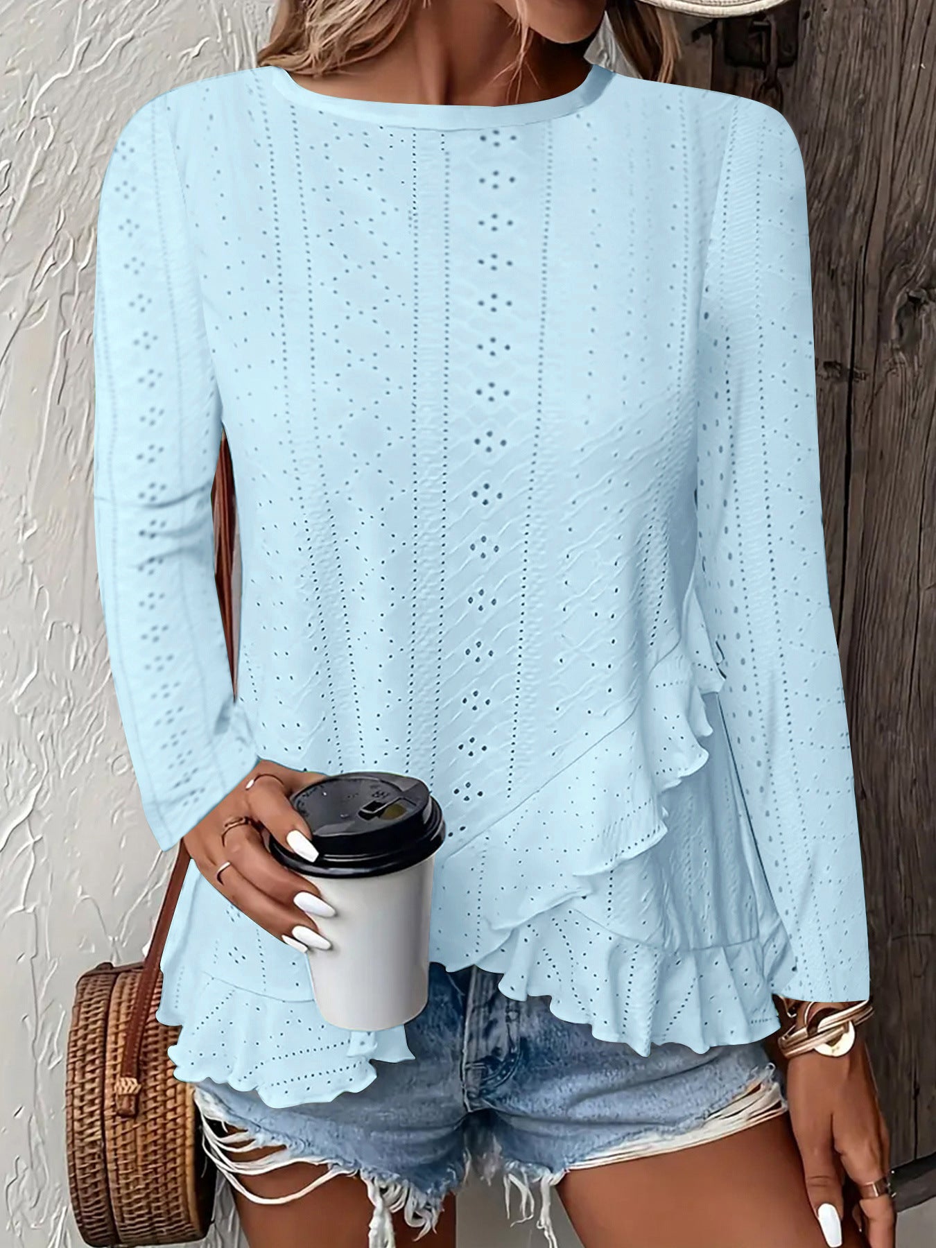 Ladies Elegant and Airy Blouse with Ruffles and Eyelet Pattern Ivyshape