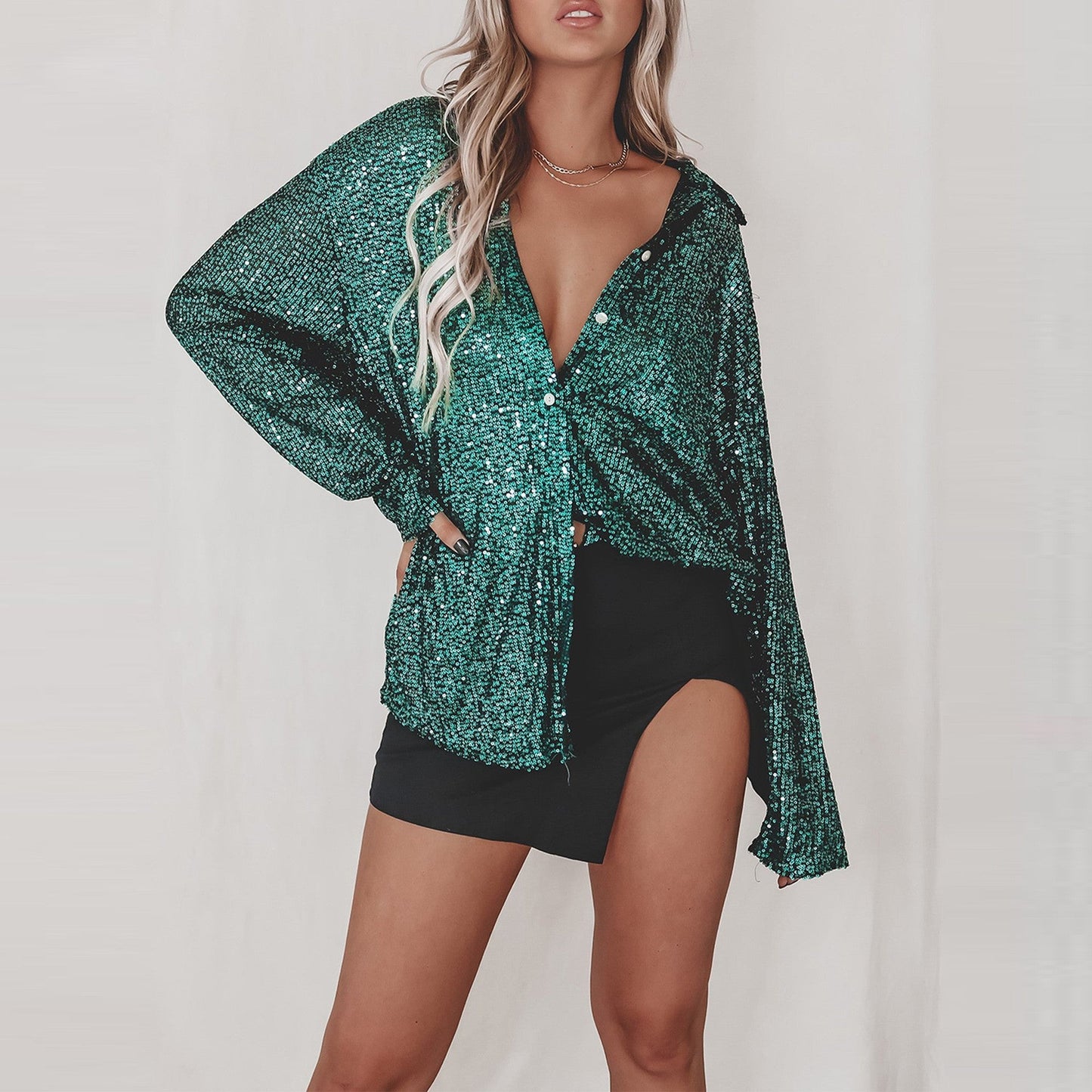 IvyShape | Sequin Lapel Long Sleeve Cardigan Shirt Jacket