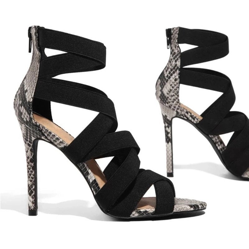 Women's High-Quality Ankle Strap Sandals with Snake Print and High Heel Ivyshape